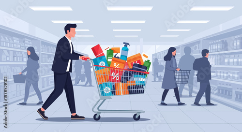 People shopping in a supermarket with carts full of goods during the day