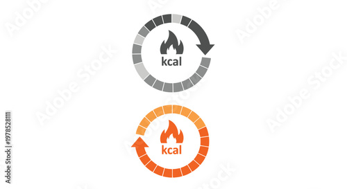A circular icon depicting calorie burn with a flame inside shown in gray and orange variations