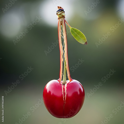 A unique, single red cherry with its stem artfully twisted to form a heart shape, hanging against a soft, blurred green background.