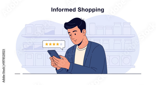 Person checking ratings on a smartphone while shopping in a store during the daytime