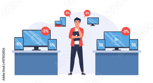 Man stands between two tables showing different electronics with discount signs in a store during a sale event