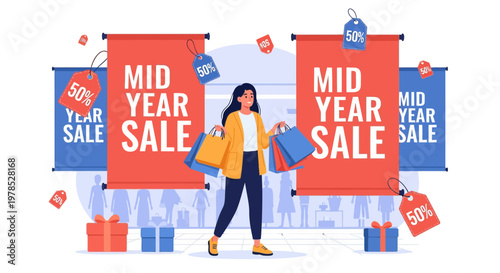 Mid year sale event shows a person carrying shopping bags in a store setting with sale signs and a crowd