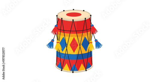 Colorful Traditional Indian Dhol Drum Isolated on White Background.