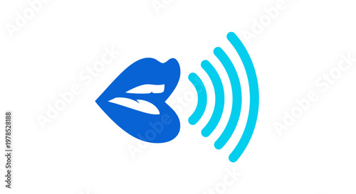 Voice Recognition Icon with Blue Lips and Sound Waves.