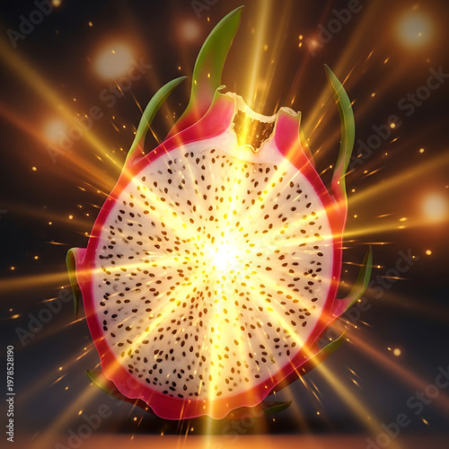 A vibrant dragon fruit is dramatically split open, revealing a luminous, starburst-like glow emanating from its white flesh and black seeds.