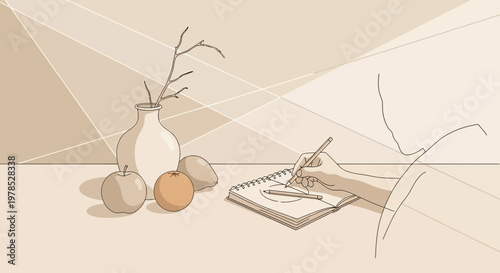 Monochromatic still life composition featuring an artist sketching fruits, vase and branches indoors
