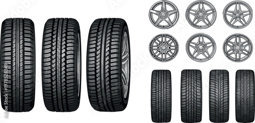 Car tires and alloy wheels set with different tread patterns realistic vector illustration automotive equipment isolated background