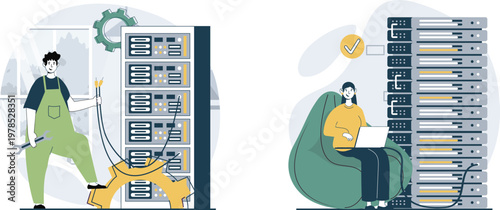 Two people using a digital kiosk to check in at a modern building