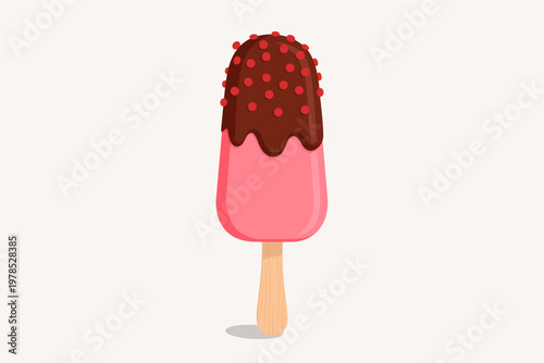 Pink strawberry popsicle dipped in chocolate with red sprinkles on wooden stick.