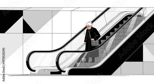 Monochrome journey: Elegant senior woman ascending an escalator with poised grace