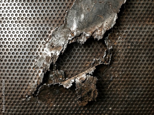 Grunge metal background with perforated steel texture and torn ripped edges, industrial dark surface with holes pattern, distressed metallic backdrop, rugged urban design