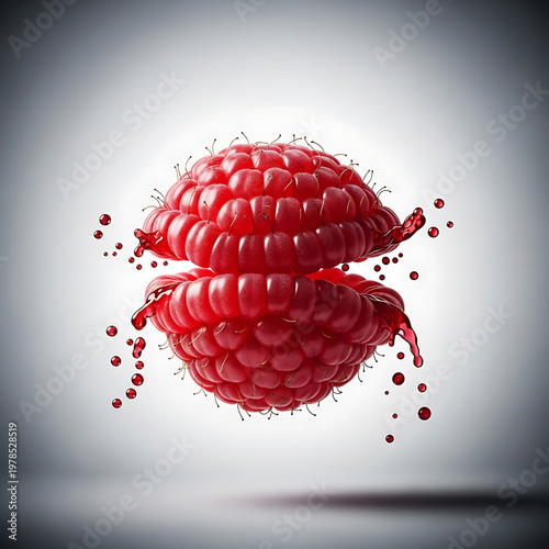 Two halves of a vibrant red raspberry are artfully separated, with juicy droplets of liquid splashing outwards in a dynamic, abstract composition.