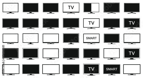 An assortment of modern flat screen televisions in black and white some displaying tv or smart