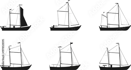Sailboat Silhouette: A collection of various sailboats in silhouette, sailing on open water, their sails billowing in the wind, a symbol of freedom and adventure.