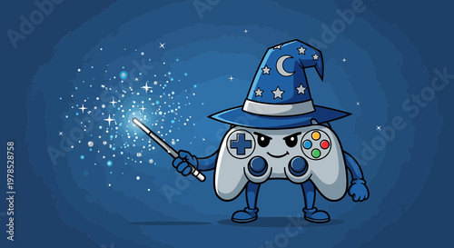 Mystical controller wizard casting spells with wand on blue background cartoon style