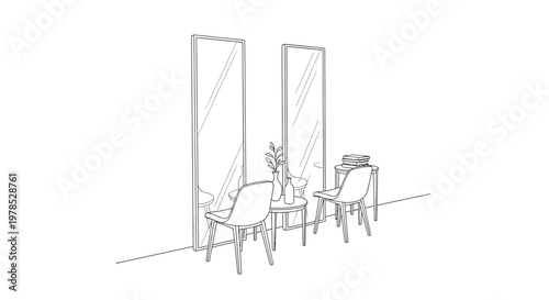 A minimalist line drawing depicts two full length mirrors a small table and two chairs in a room