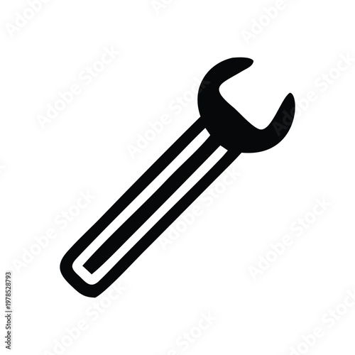 Modern vector illustration of a black wrench icon, a fundamental tool symbol representing mechanical repair, maintenance, construction, and general technical services
