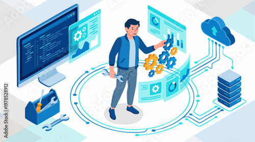 A man interacts with futuristic technology components on screens and servers.