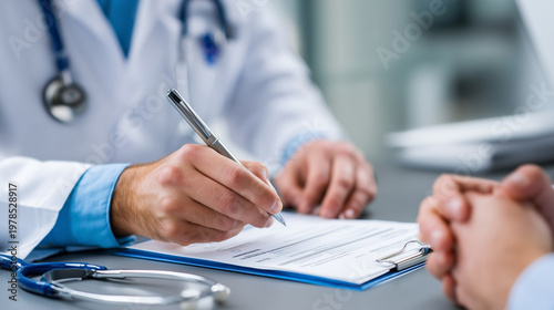 Healthcare professional and patient reviewing a mental health evaluation checklist together, clinical support concept, psychological assessment, professional care, with copy space