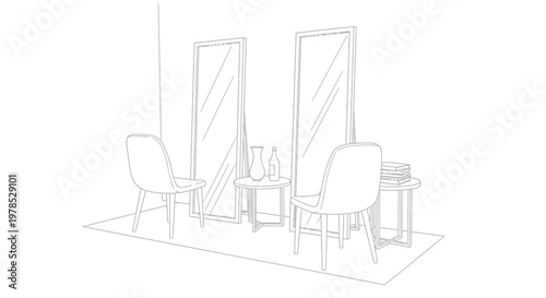A minimalist interior scene features two full length mirrors chairs and small tables with books