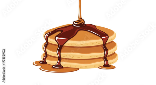 A stack of pancakes drenched in flowing rich chocolate syrup