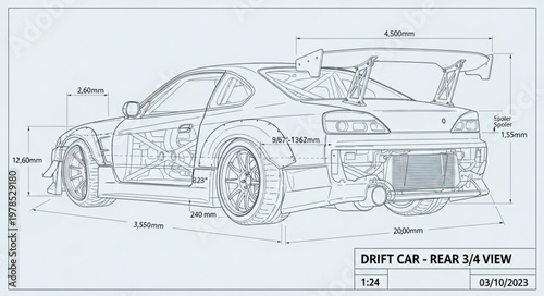 Detailed blueprint of a sports car rear three quarter view.