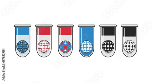 A series of six laboratory test tubes each containing a uniquely patterned sphere