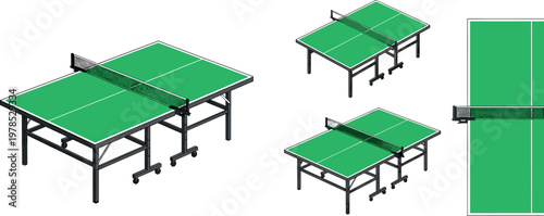 Table tennis tables set with different perspectives and top view isolated on white background, ping pong sport equipment vector illustration collection