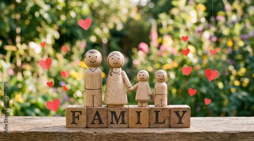 Wooden Peg Doll Family with Heart Background