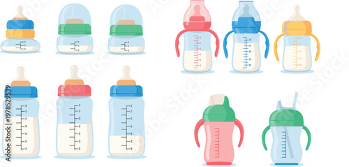 Baby feeding bottles set with measurement scale and handles flat colorful vector illustration infant milk containers isolated background