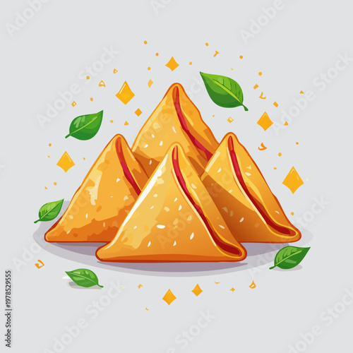 Golden fried triangular pastries with green leaves and sparkling elements, an appetizing illustration