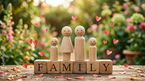 Family Concept with Wooden Figures in Garden Setting
