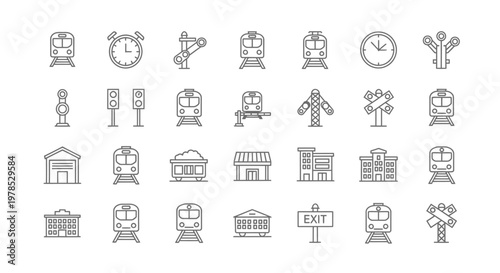 A collection of thin line icons depicting various railway and train related elements and infrastructure