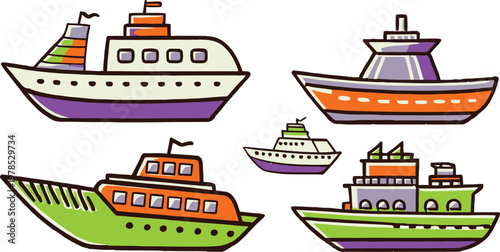 Set of colorful cartoon cruise ships and boats vector illustration