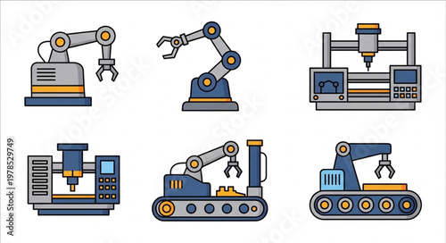 Set of industrial robotic arms and CNC machines.