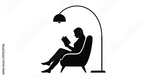 Silhouette of a woman reading a book under an arched floor lamp