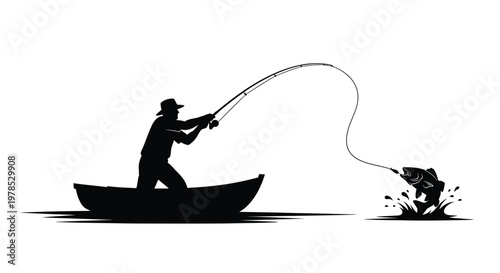 Silhouetted fisherman reeling in a large fish from a small boat