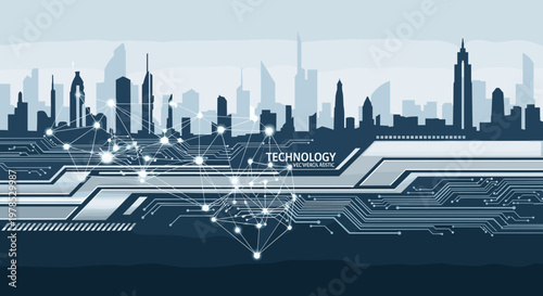 Modern cityscape connected by a digital network, evoking a sense of innovation, progress and interconnectedness. Suitable for tech, business, and futu