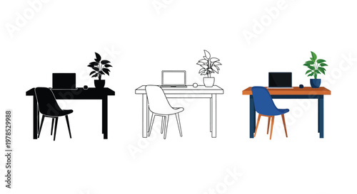 Three desk setups with varying color schemes and chair styles