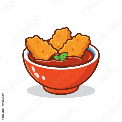 Cartoon illustration of crispy fried chicken nuggets served in a red bowl with dipping sauce and a green garnish.