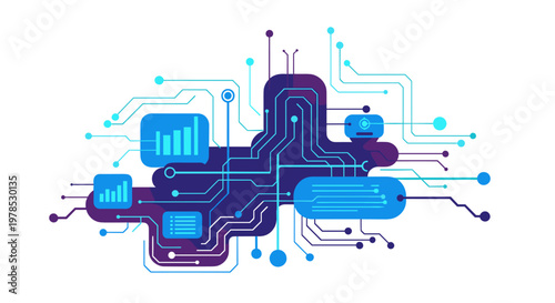 Modern graphic illustration depicting data analysis and technological connection. Ideal for reports, presentations, and showcasing innovation or digit