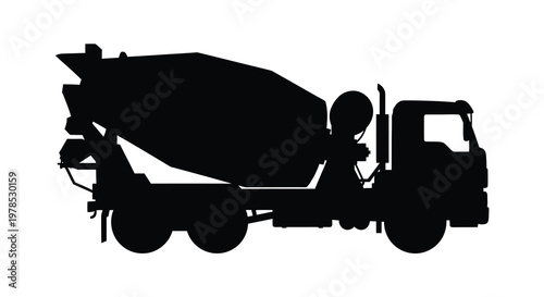 Silhouette of a concrete mixer truck against a white background