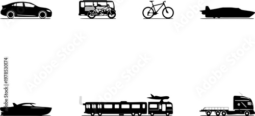 Transportation Mode: A collection of various transportation modes are presented in black silhouette on this image. It included a car, tuk-tuk, bicycle, airplane, boat, train, and a truck.