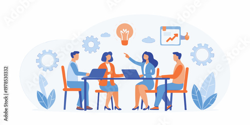 Team brainstorming session with ideas and a growth strategy plan