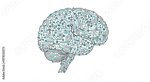 Abstract illustration portraying the human mind as a complex network of circuits, conveying innovation and technological advancement with a calm, prof
