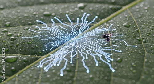 Luminous digital circuit pattern glowing on a dew-kissed green leaf, symbolizing the intricate interplay between biological ecosystems and emerging artificial intelligence