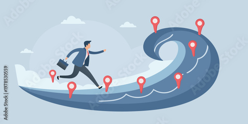 Businessman running on a wave with location markers illustrating risk