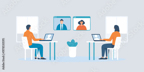 Two people participating in a video conference call with colleagues