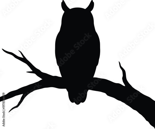 Great Horned Owl Silhouette on Tree Branch Vector Illustration
