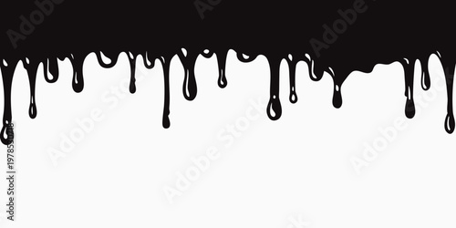 Black liquid dripping down against a stark white background